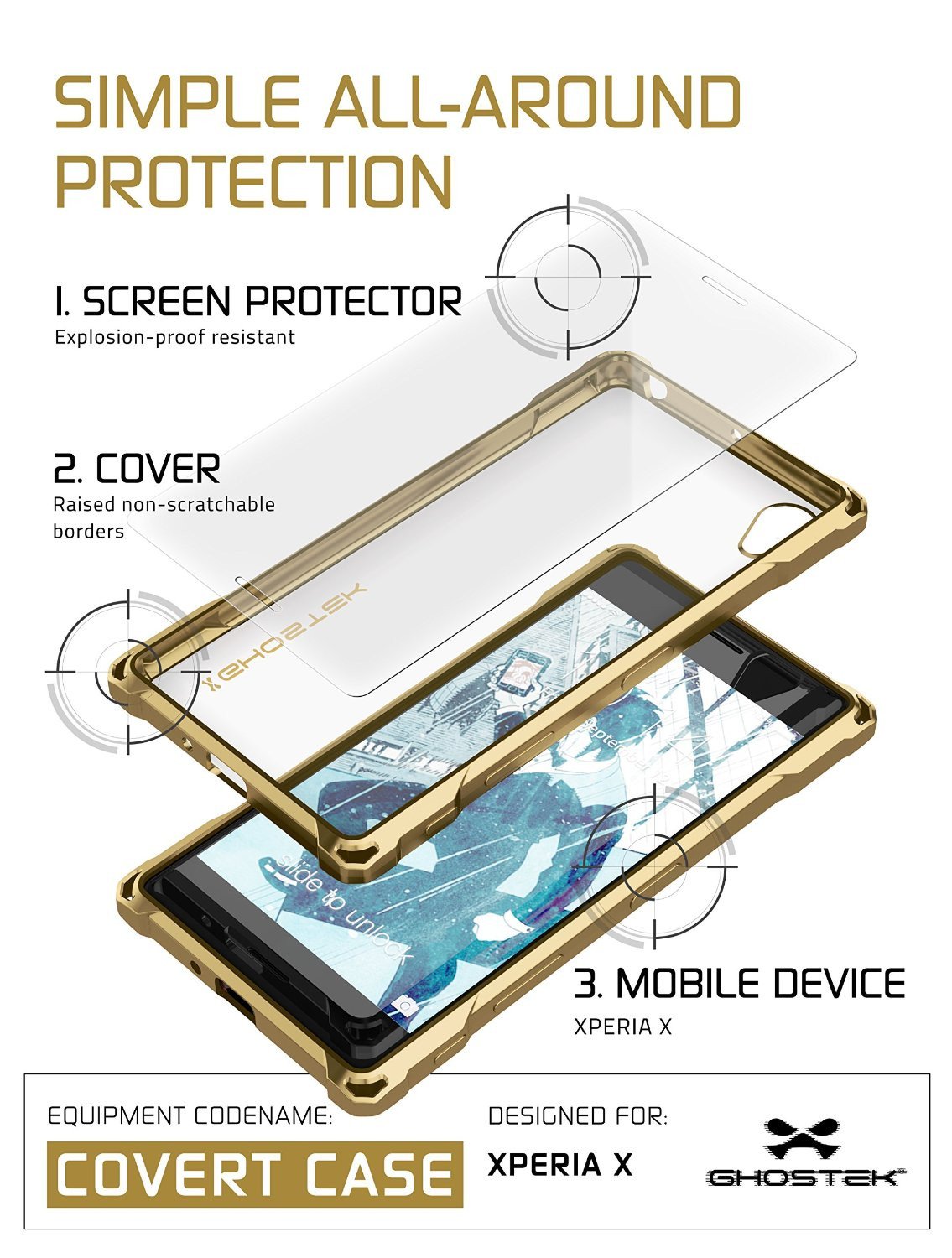 Xperia X Case, Ghostek® Covert Gold Series | Clear TPU | Warranty | Screen Protector | Ultra Fit - PunkCase NZ