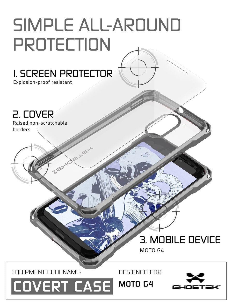 Moto G4 Case, Ghostek Covert Dark Grey Series | Clear TPU | Explosion-Proof Screen Protector - PunkCase NZ