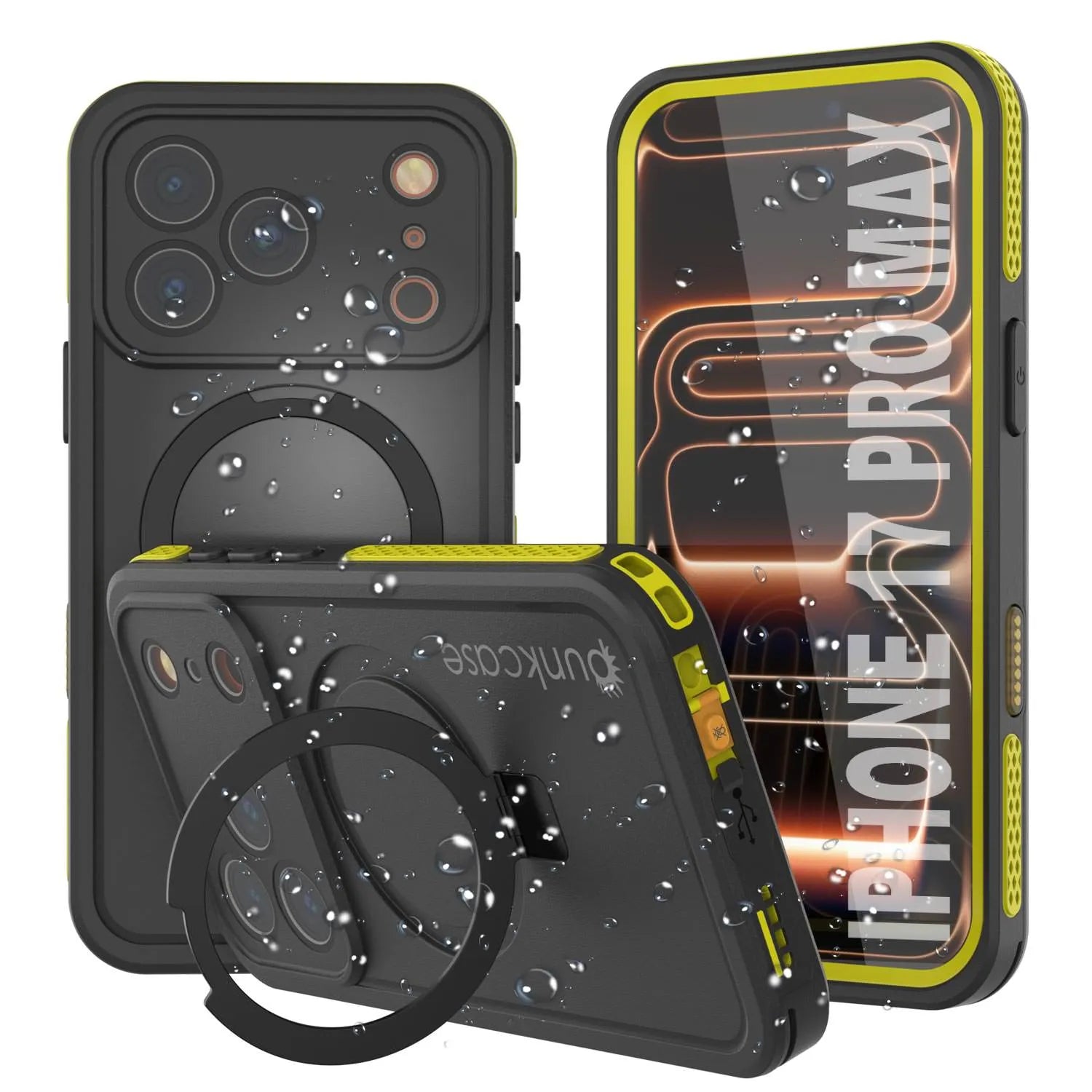 iPhone 17 Pro Max Waterproof Case [Kickstud 2.0 Series] Protective IP68 Cover W/Screen Protector & Kickstand [Yellow]