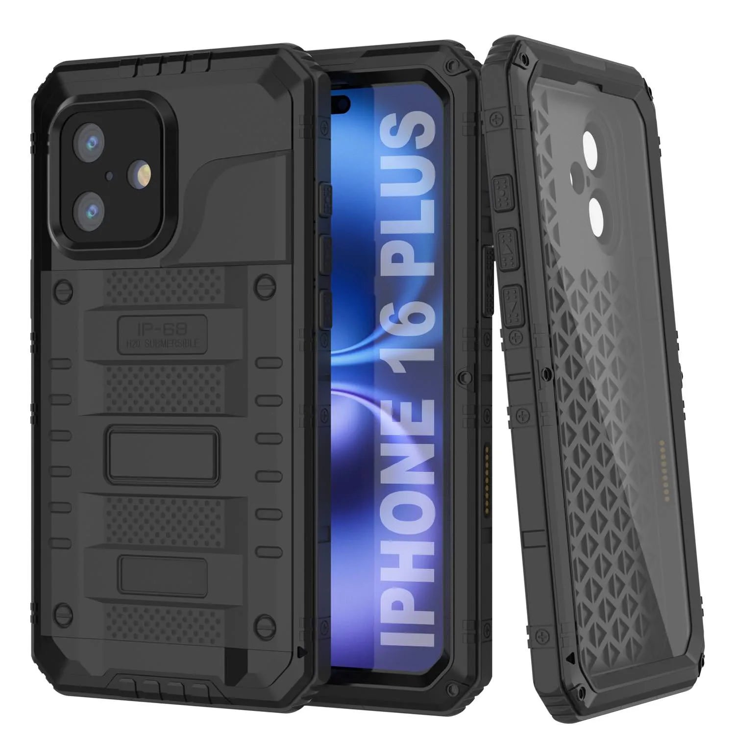 iPhone 16 Plus Metal Extreme 3.0 Series Aluminum Waterproof Case IP68 W/Buillt in Screen Protector & Kickstand [Black]