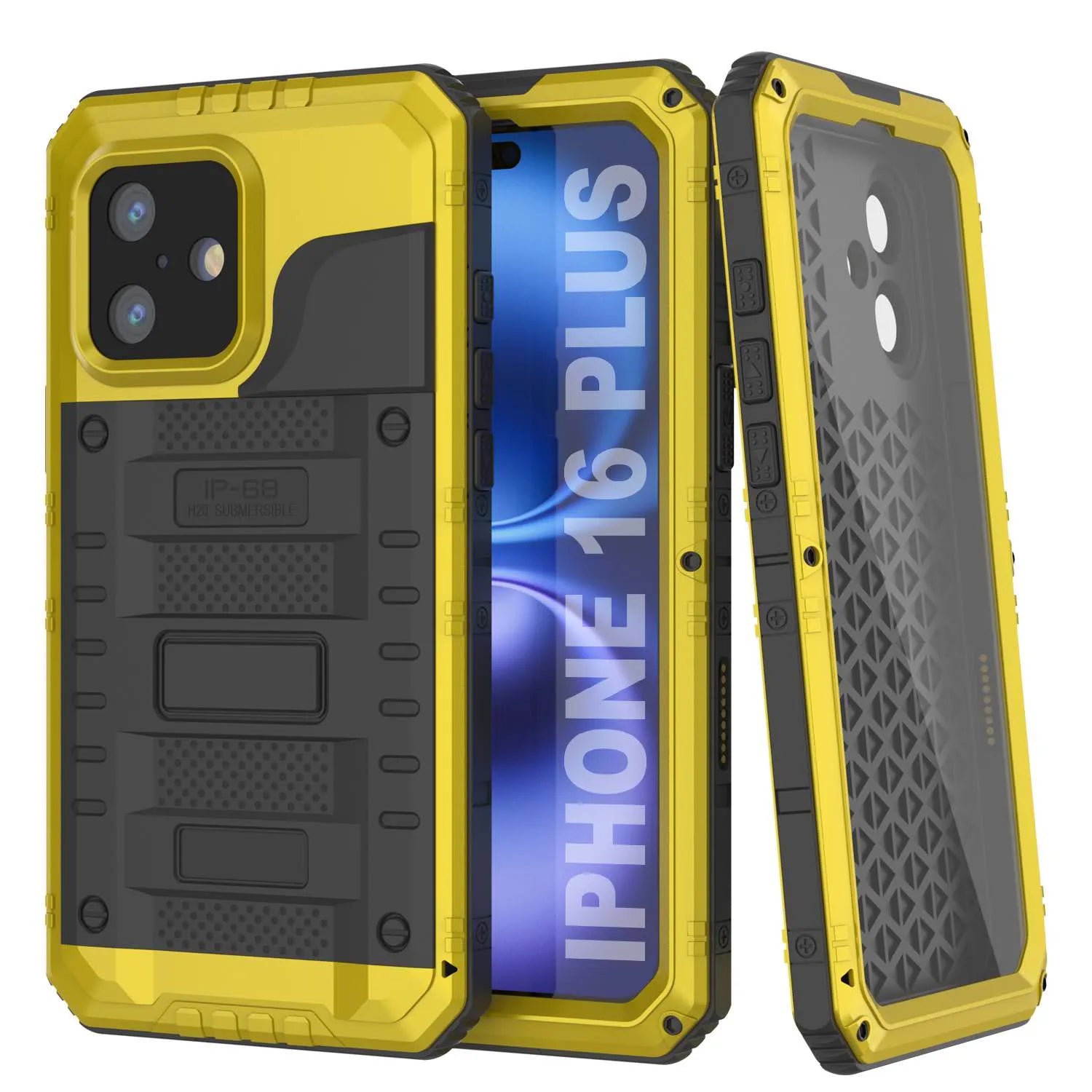 iPhone 16 Plus Metal Extreme 3.0 Series Aluminum Waterproof Case IP68 W/Buillt in Screen Protector & Kickstand [Yellow]