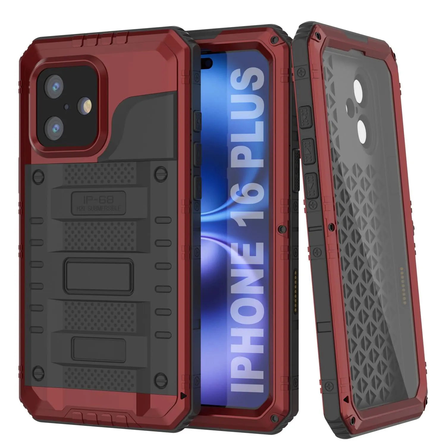 iPhone 16 Plus Metal Extreme 3.0 Series Aluminum Waterproof Case IP68 W/Buillt in Screen Protector & Kickstand [Red]