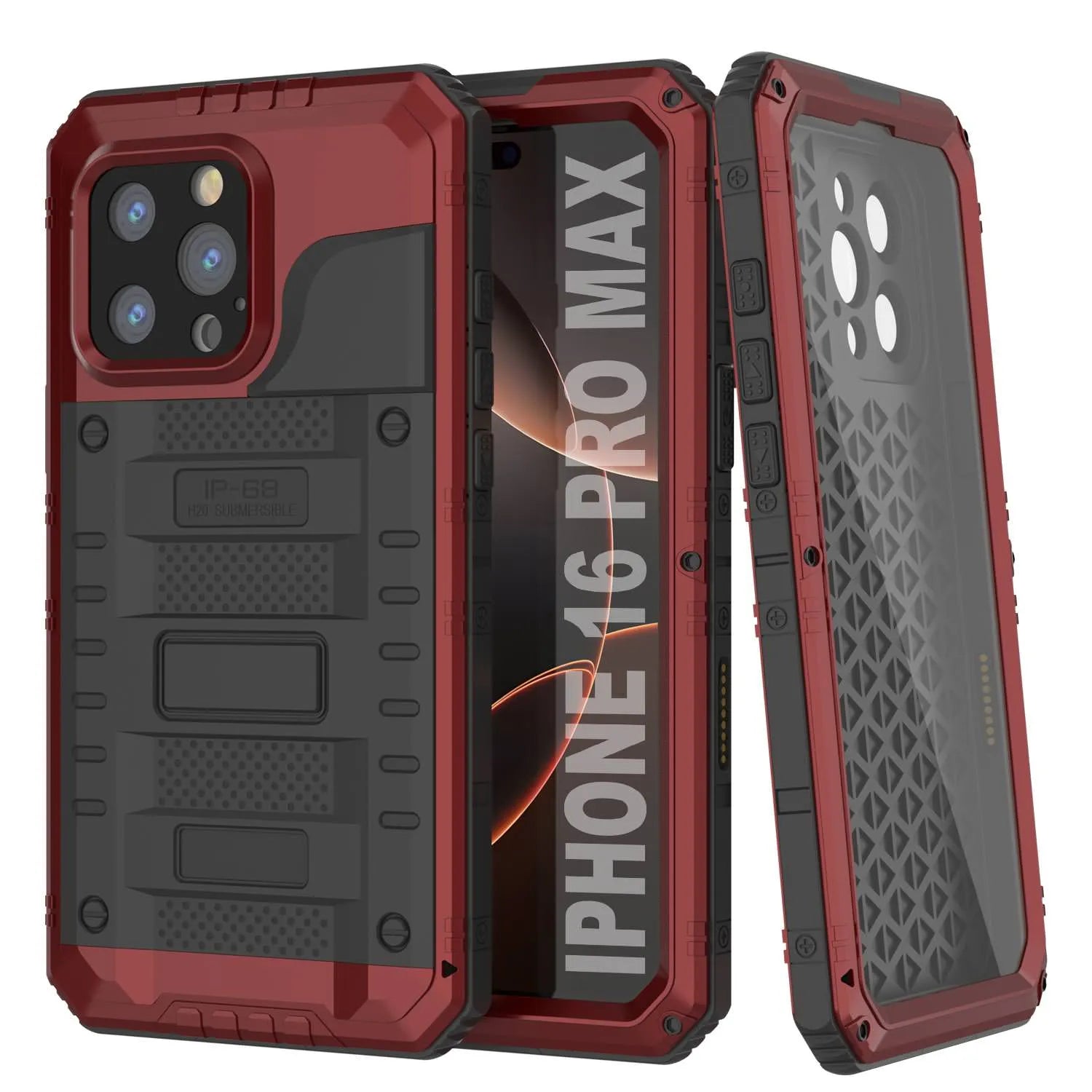 iPhone 16 Pro Max Metal Extreme 3.0 Series Aluminum Waterproof Case IP68 W/Buillt in Screen Protector & Kickstand [Red]