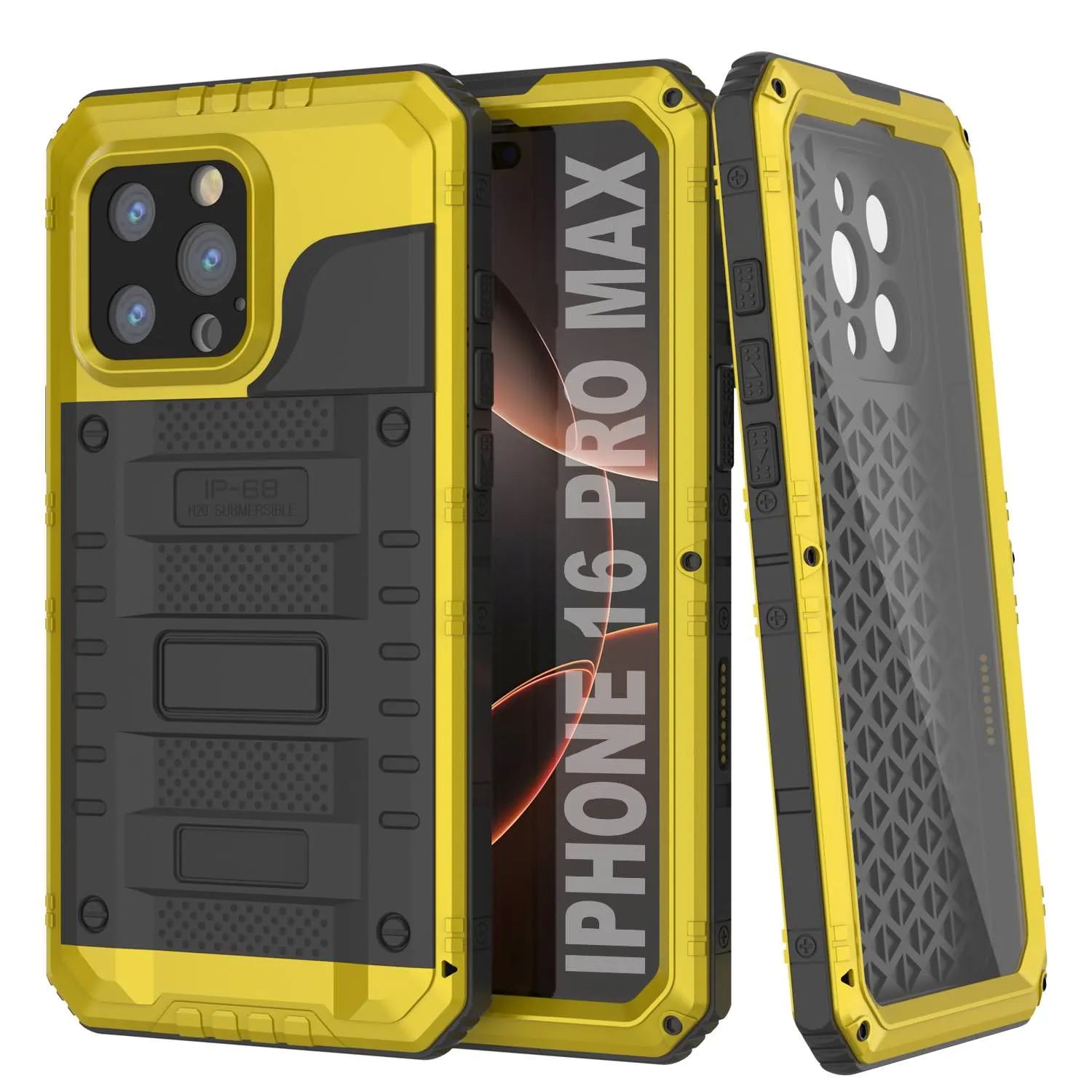 iPhone 16 Pro Max Metal Extreme 3.0 Series Aluminum Waterproof Case IP68 W/Buillt in Screen Protector & Kickstand [Yellow]