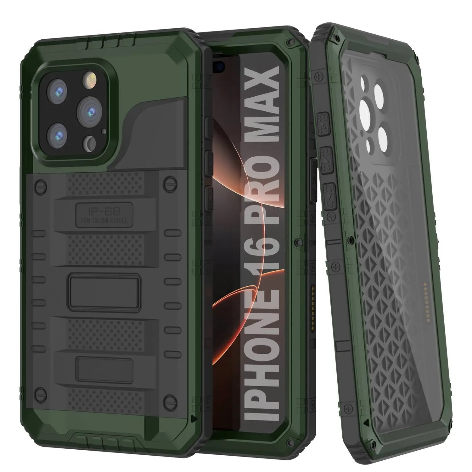 iPhone 16 Pro Max Metal Extreme 3.0 Series Aluminum Waterproof Case IP68 W/Buillt in Screen Protector & Kickstand [Dark Green]