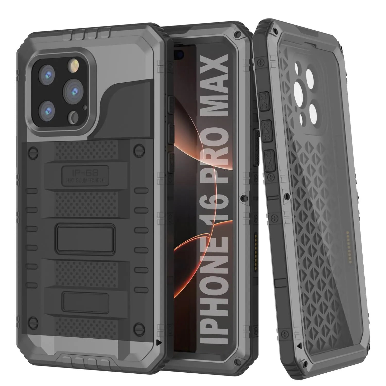 iPhone 16 Pro Max Metal Extreme 3.0 Series Aluminum Waterproof Case IP68 W/Buillt in Screen Protector & Kickstand [Silver]