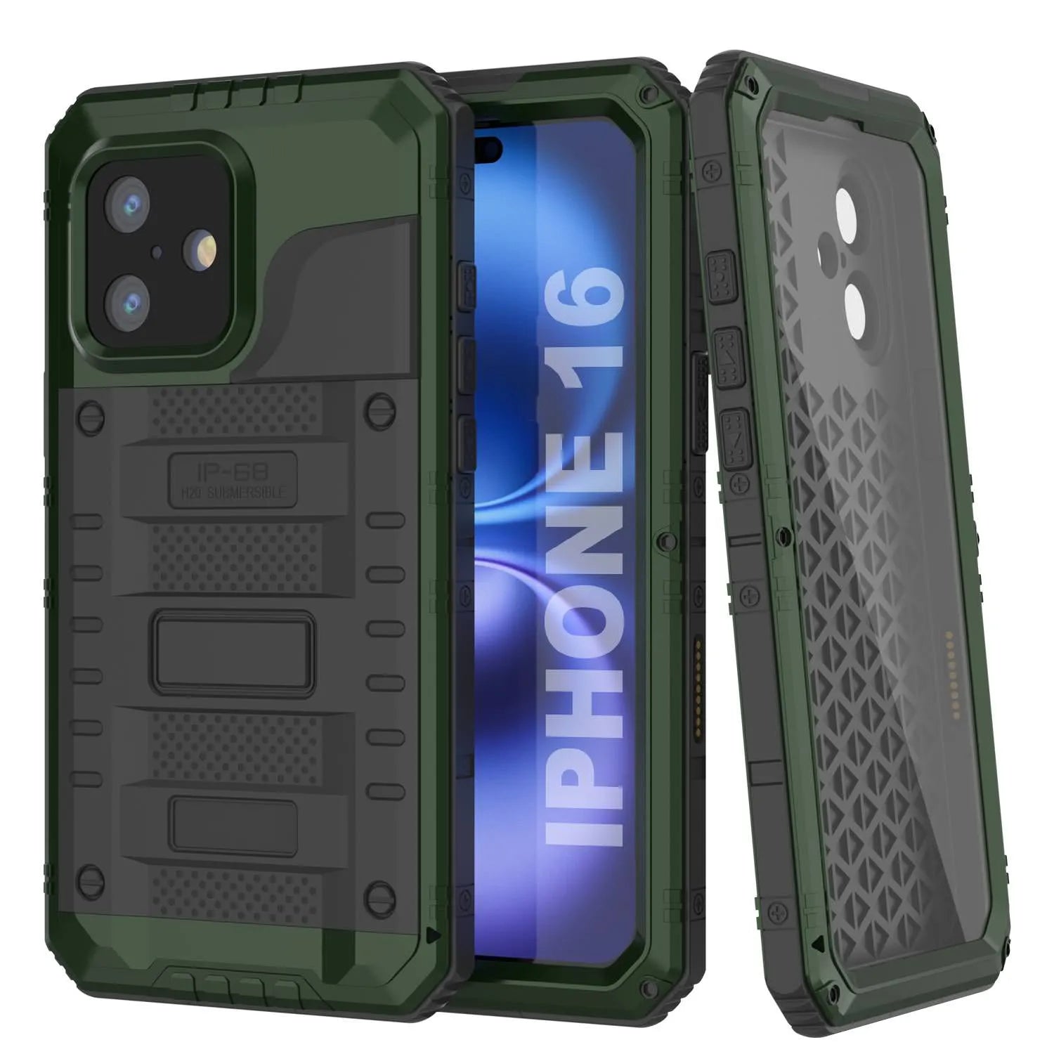 iPhone 16 Metal Extreme 3.0 Series Aluminum Waterproof Case IP68 W/Buillt in Screen Protector & Kickstand [Dark-Green]