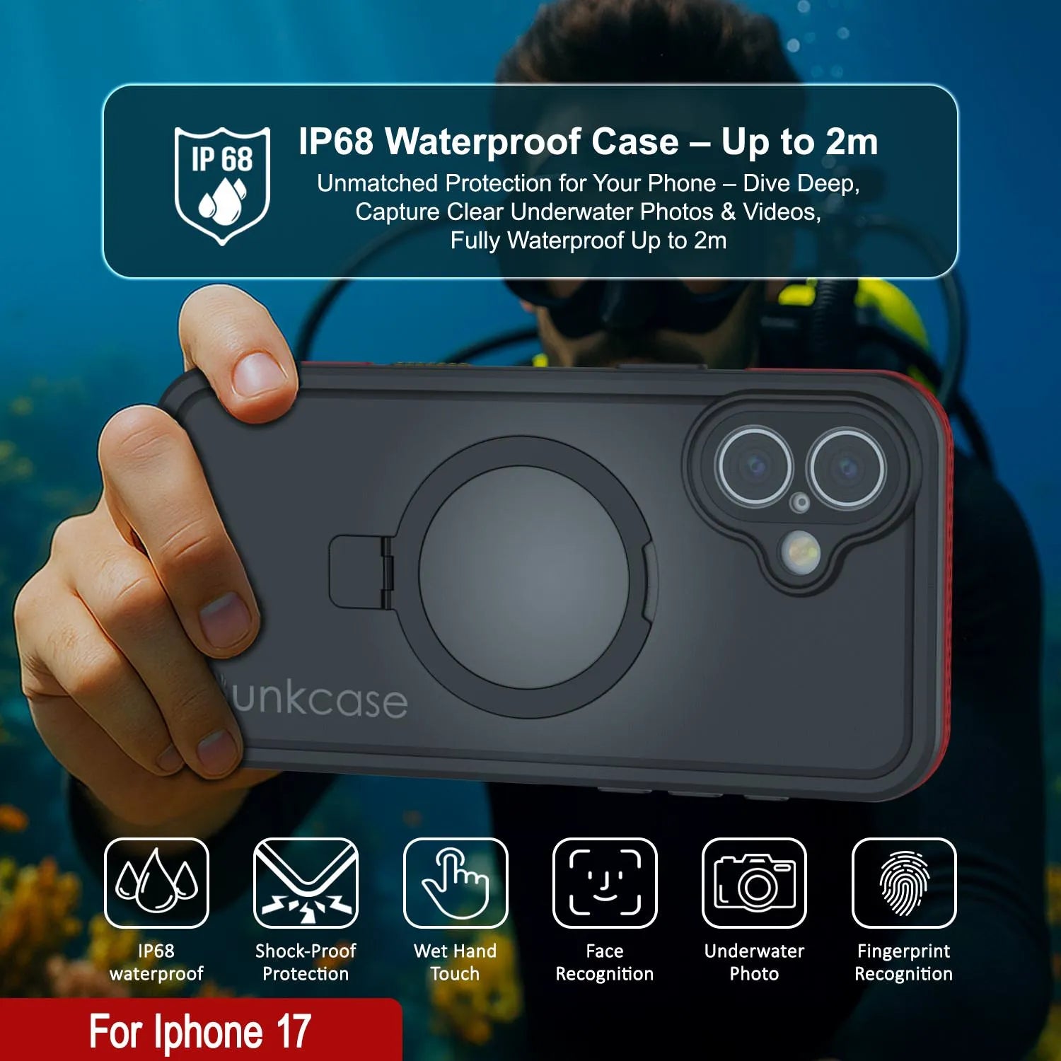 iPhone 17 Waterproof Case [Kickstud 2.0 Series] Protective IP68 Cover W/Screen Protector & Kickstand [Red]