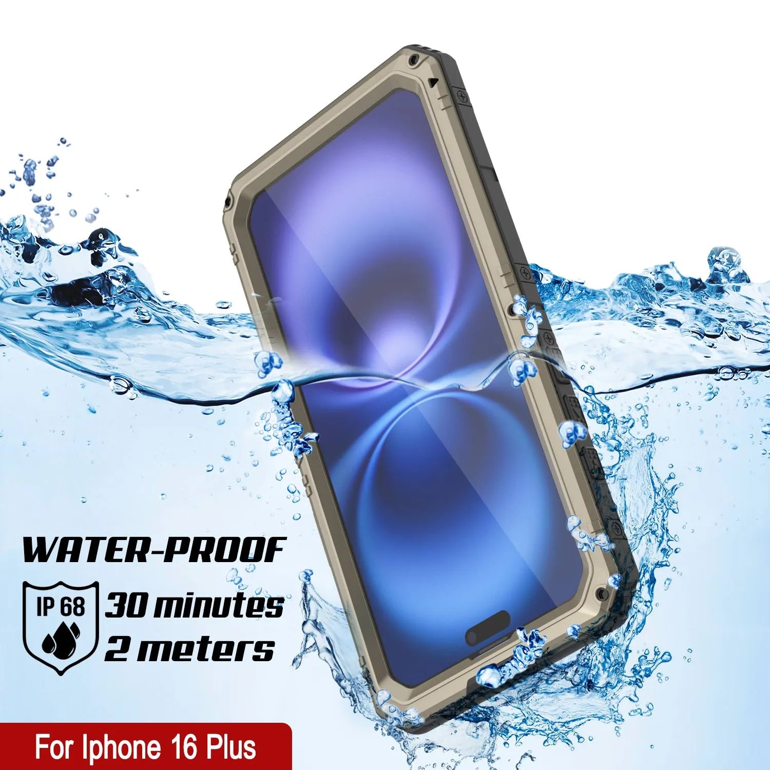 iPhone 16 Plus Metal Extreme 3.0 Series Aluminum Waterproof Case IP68 W/Buillt in Screen Protector & Kickstand [Gold]