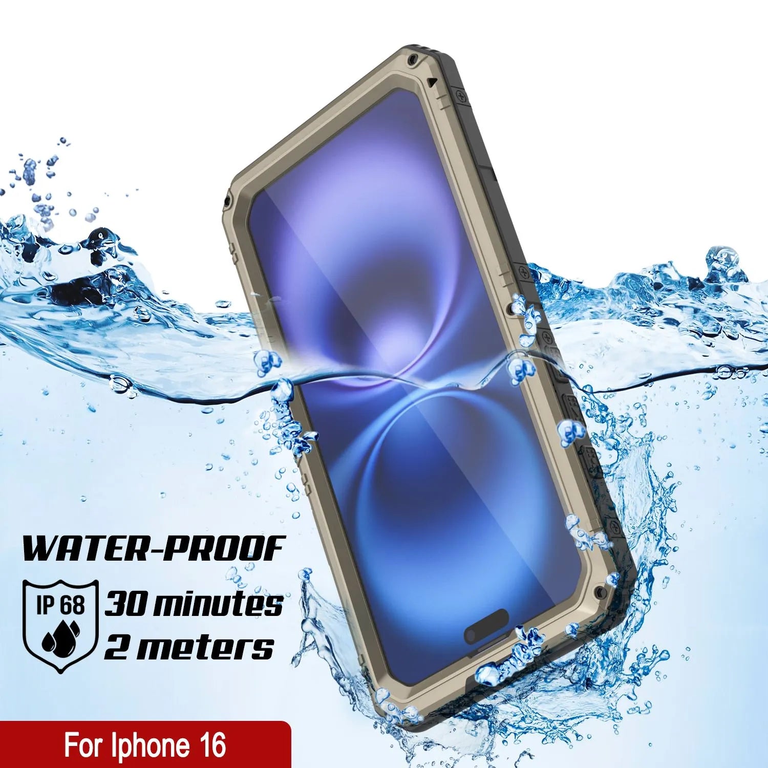 iPhone 16 Metal Extreme 3.0 Series Aluminum Waterproof Case IP68 W/Buillt in Screen Protector & Kickstand [Gold]