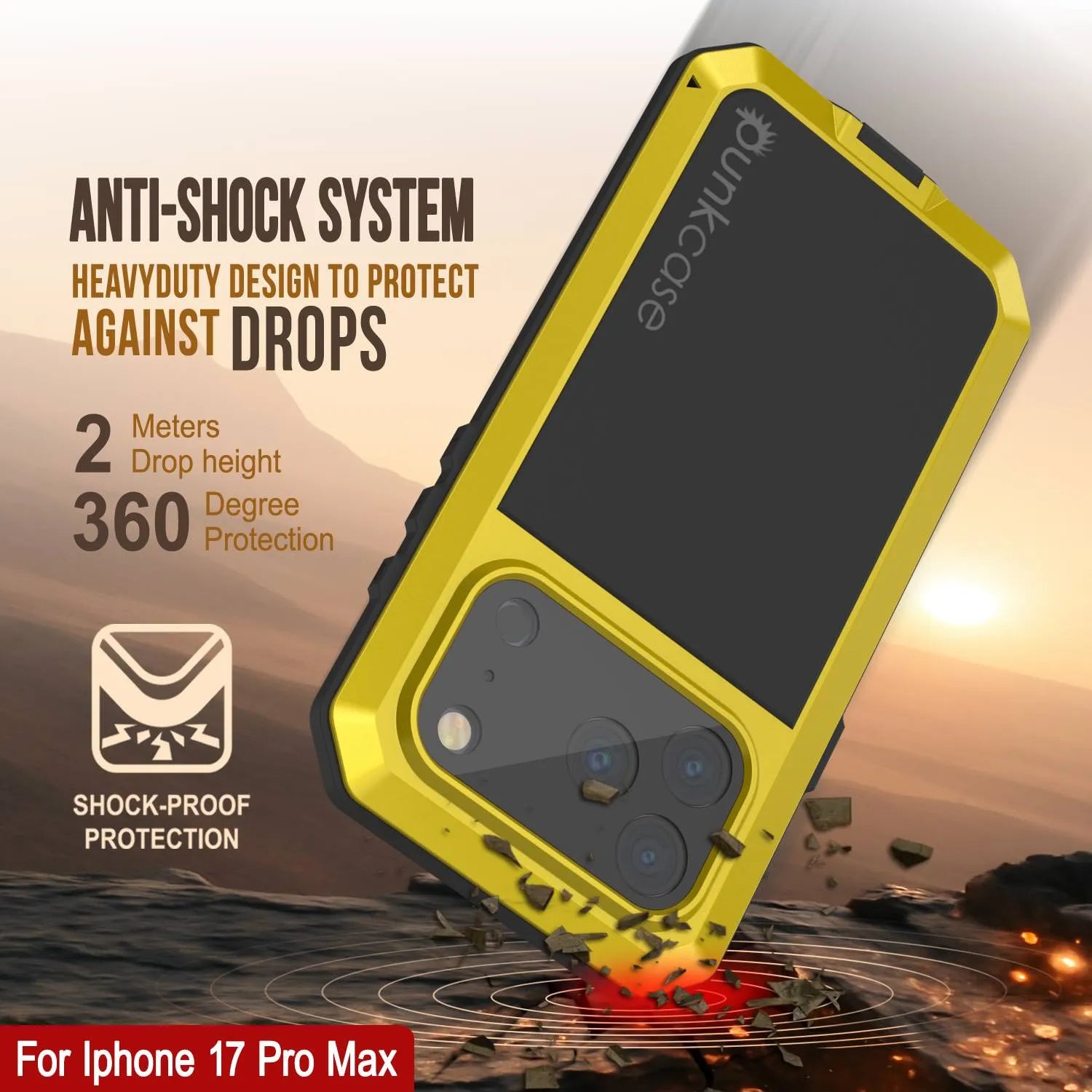 iPhone 17 Pro Max Metal Case, Heavy Duty Military Grade Armor Cover [shock proof] Full Body Hard [Yellow]