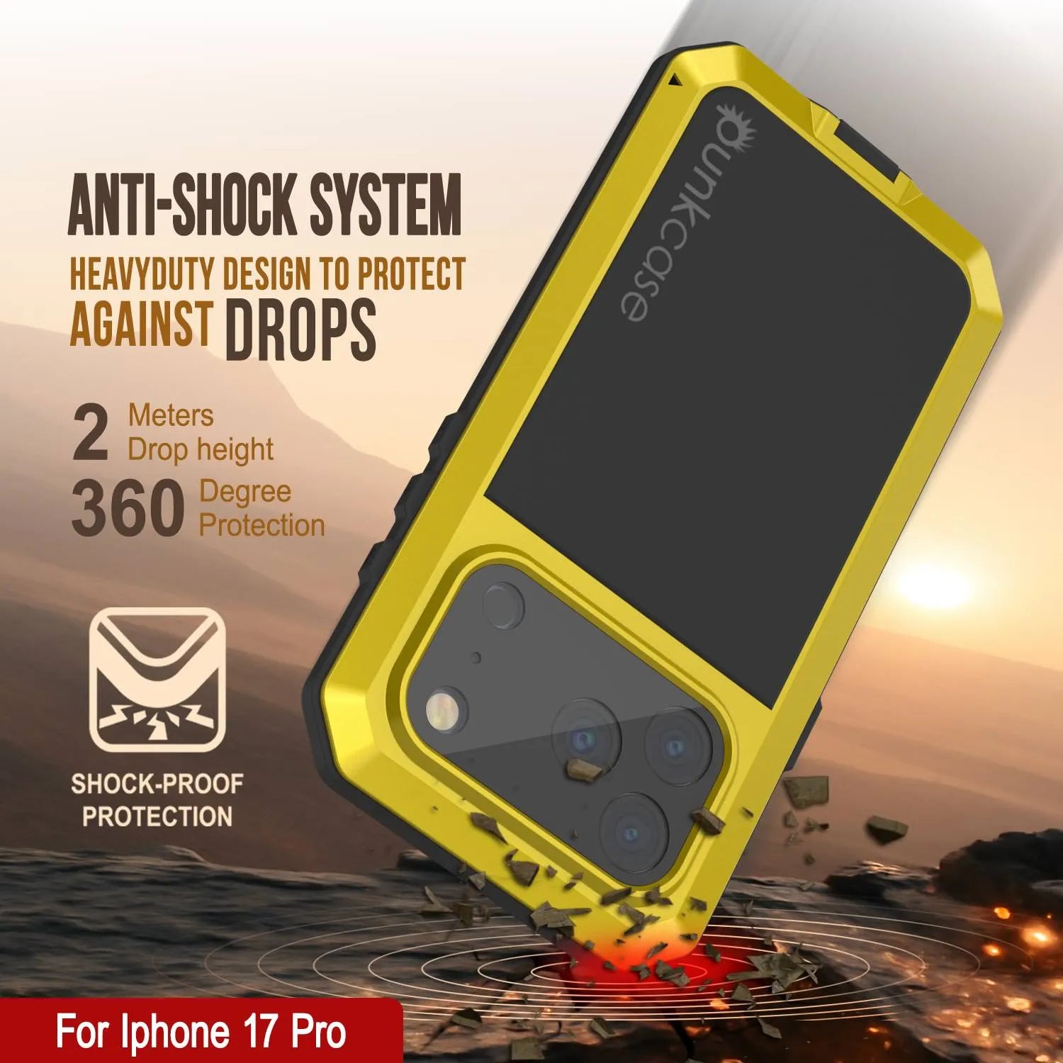 iPhone 17 Pro Metal Case, Heavy Duty Military Grade Armor Cover [shock proof] Full Body Hard [Yellow]
