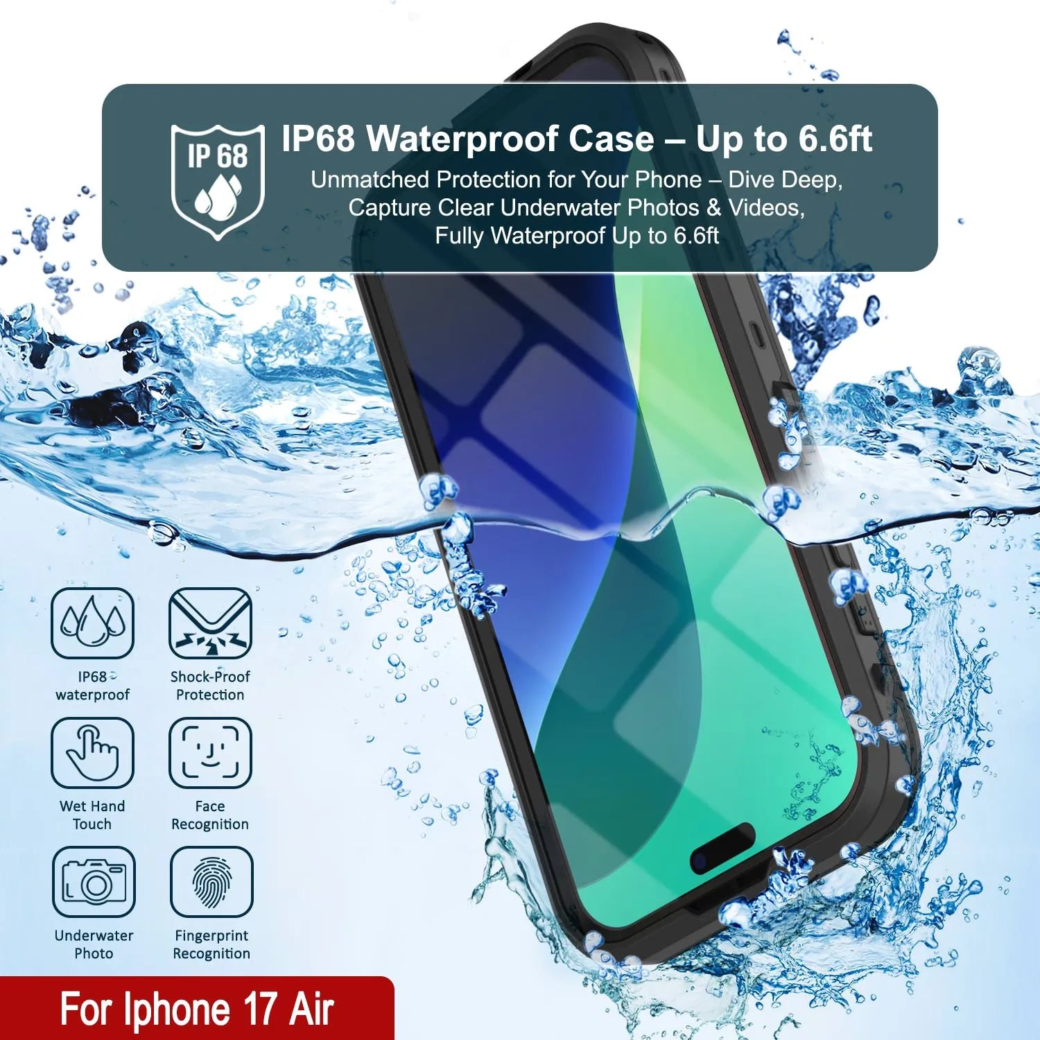 iPhone 17 Air Waterproof IP68 Case, Punkcase [Black] [StudStar Series] [Slim Fit]