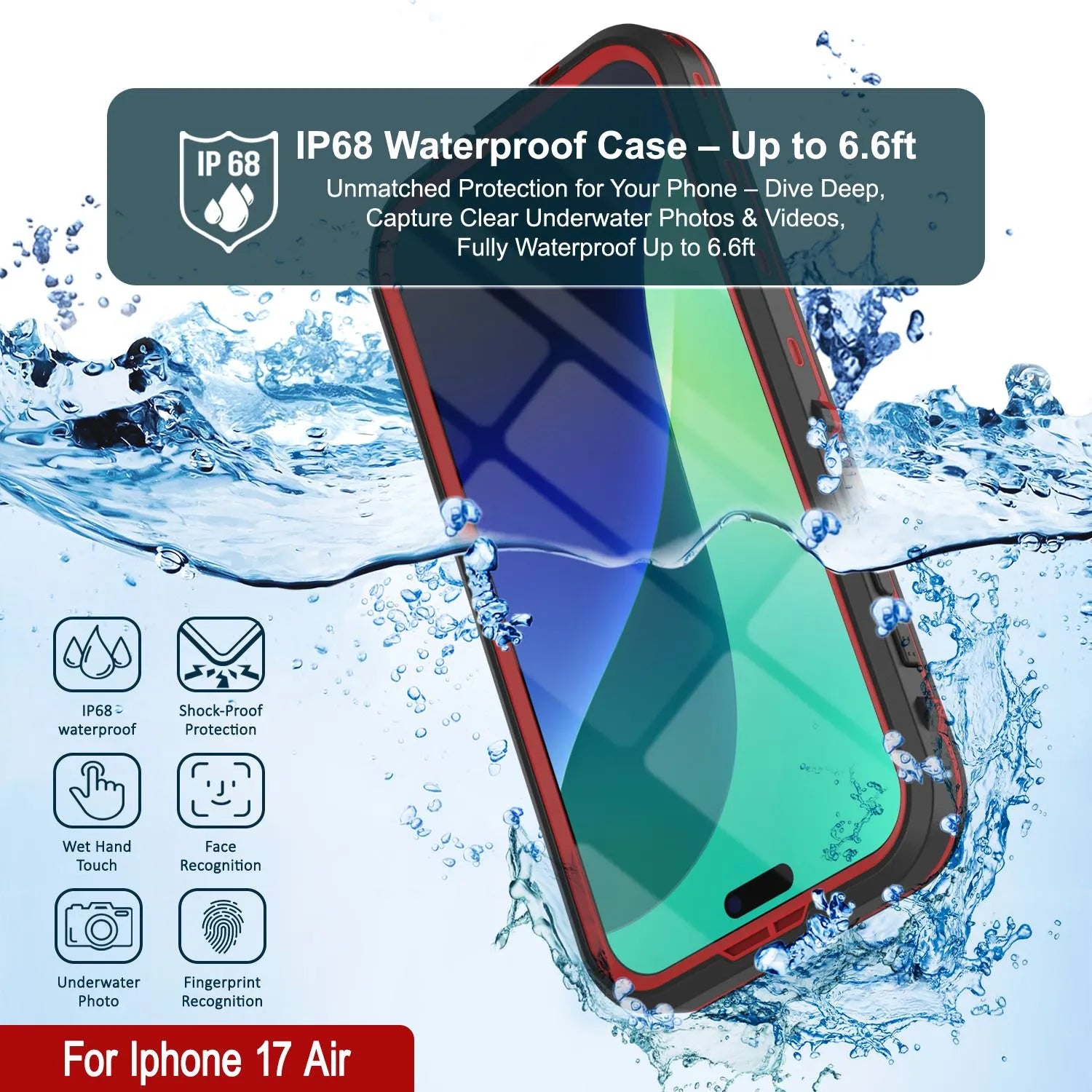 iPhone 17 Air Waterproof IP68 Case, Punkcase [Red] [StudStar Series] [Slim Fit]