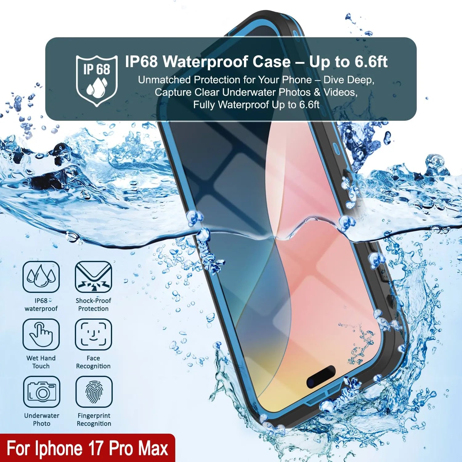 iPhone 17 Pro Max Waterproof IP68 Case, Punkcase [Light blue] [StudStar Series] [Slim Fit] [Dirtproof]
