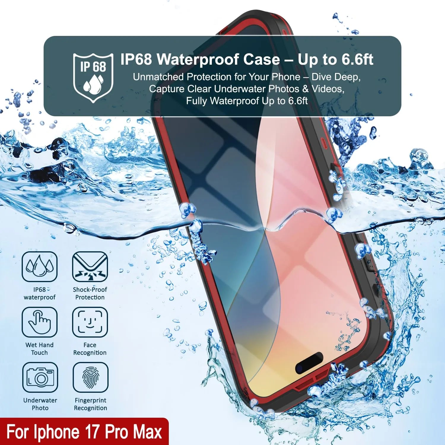 iPhone 17 Pro Max Waterproof IP68 Case, Punkcase [Red] [StudStar Series] [Slim Fit]
