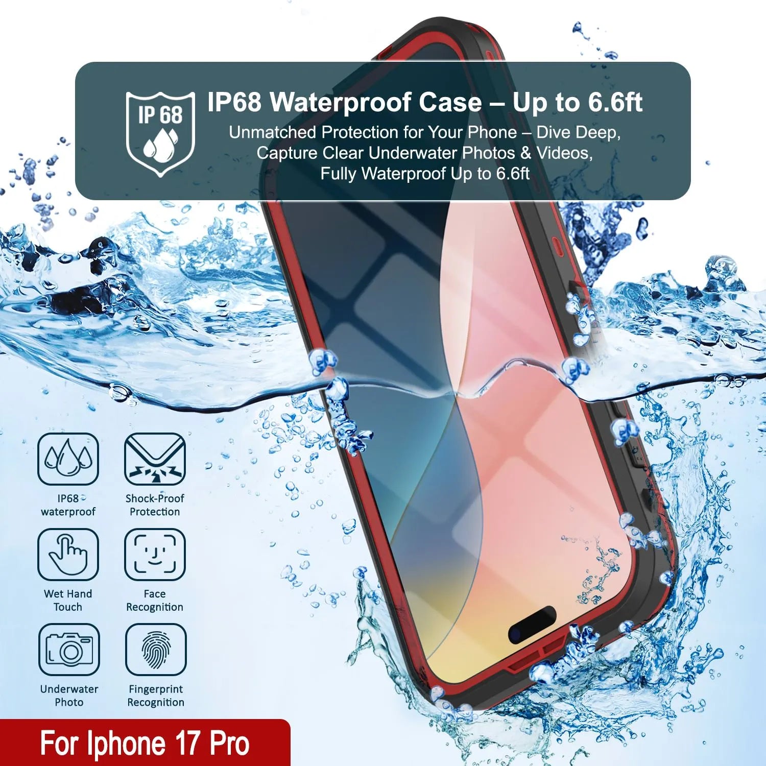 iPhone 17 Pro Waterproof IP68 Case, Punkcase [Red] [StudStar Series] [Slim Fit]