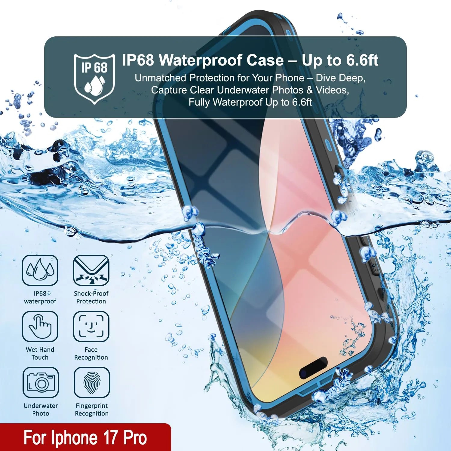 iPhone 17 Pro Waterproof IP68 Case, Punkcase [Light blue] [StudStar Series] [Slim Fit] [Dirtproof]