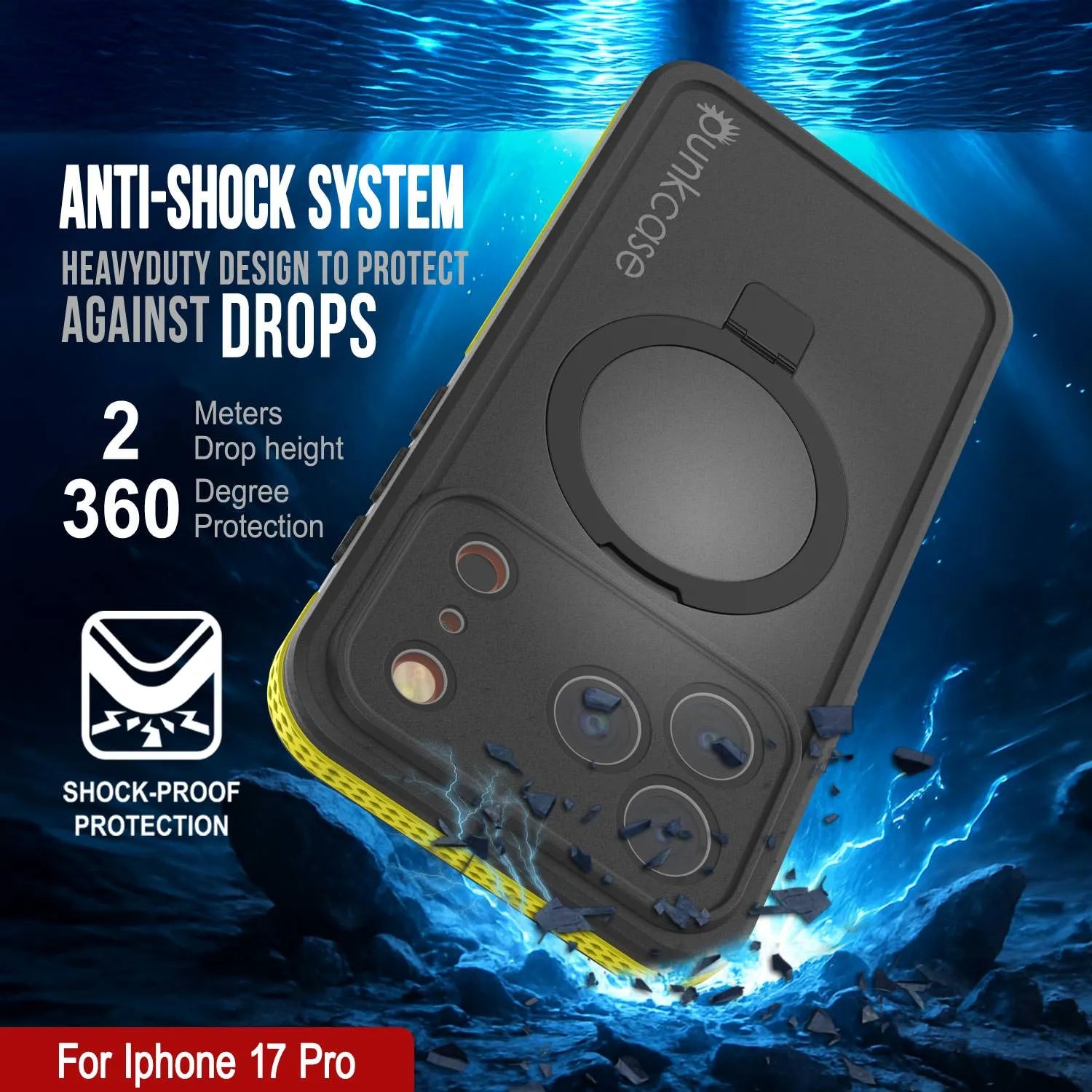 iPhone 17 pro Waterproof Case [Kickstud 2.0 Series] Protective IP68 Cover W/Screen Protector & Kickstand [Yellow]