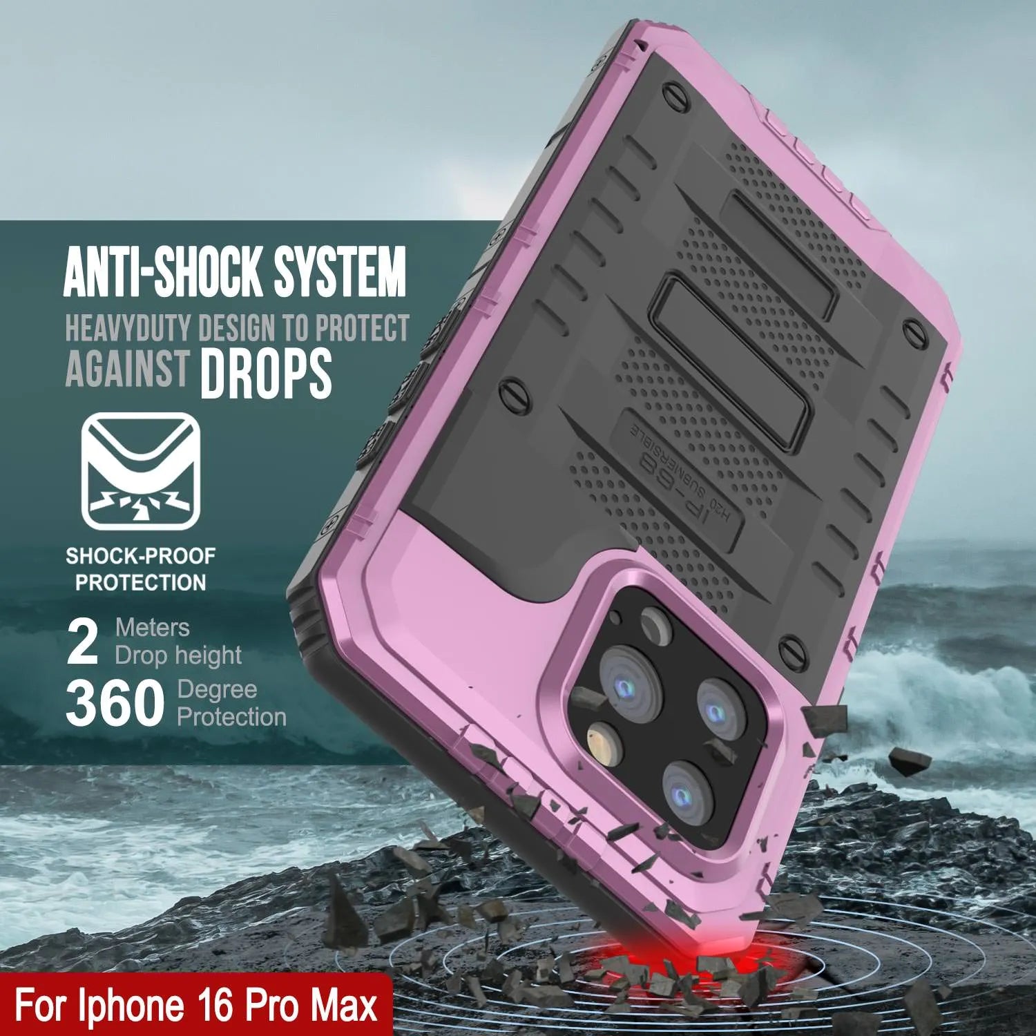 iPhone 16 Pro Max Metal Extreme 3.0 Series Aluminum Waterproof Case IP68 W/Buillt in Screen Protector & Kickstand [Pink]