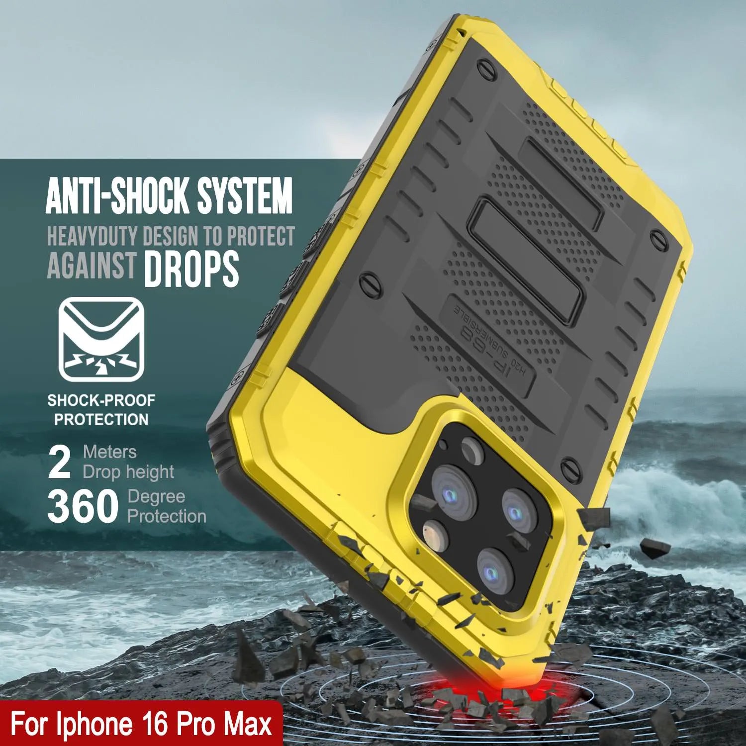 iPhone 16 Pro Max Metal Extreme 3.0 Series Aluminum Waterproof Case IP68 W/Buillt in Screen Protector & Kickstand [Yellow]