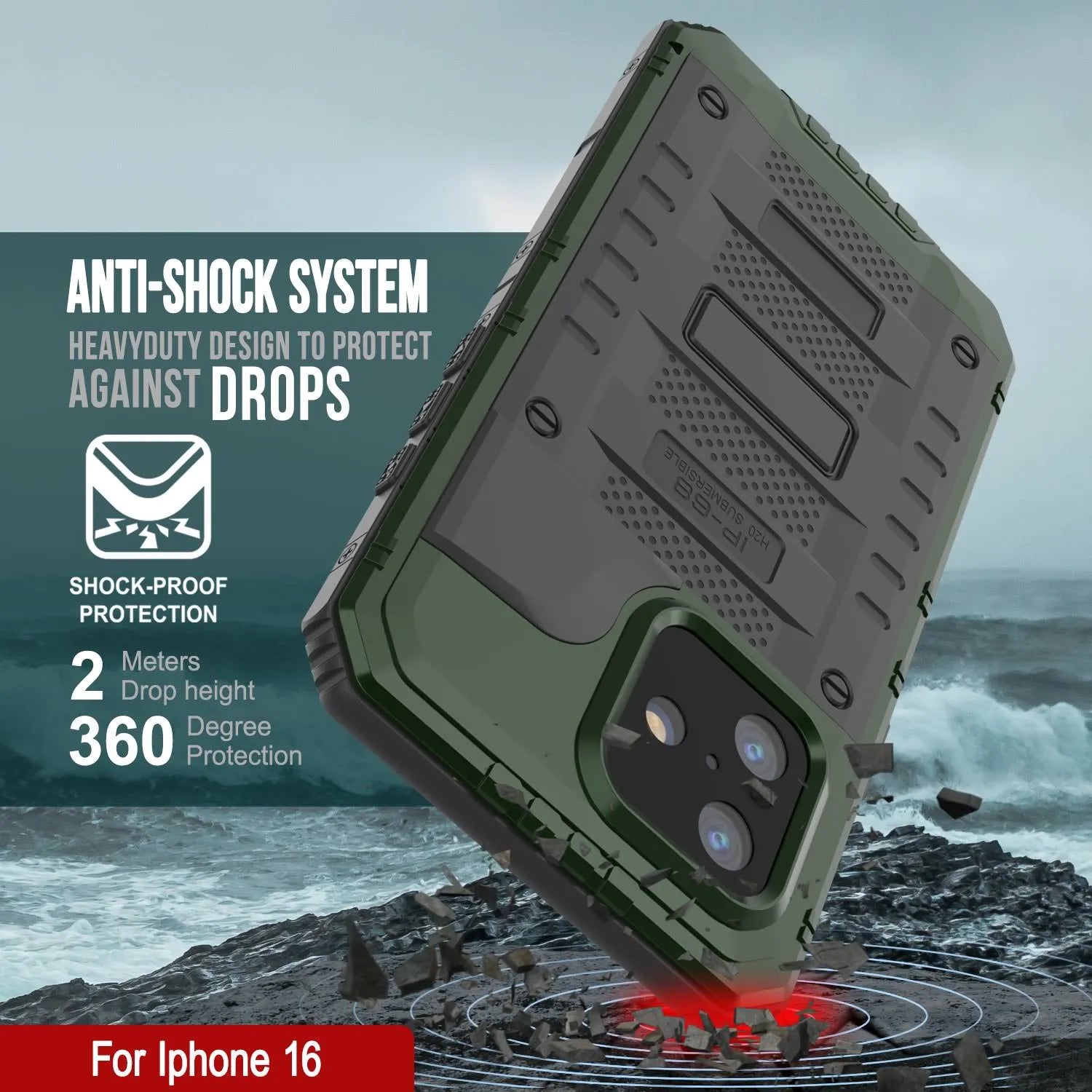 iPhone 16 Metal Extreme 3.0 Series Aluminum Waterproof Case IP68 W/Buillt in Screen Protector & Kickstand [Dark-Green]