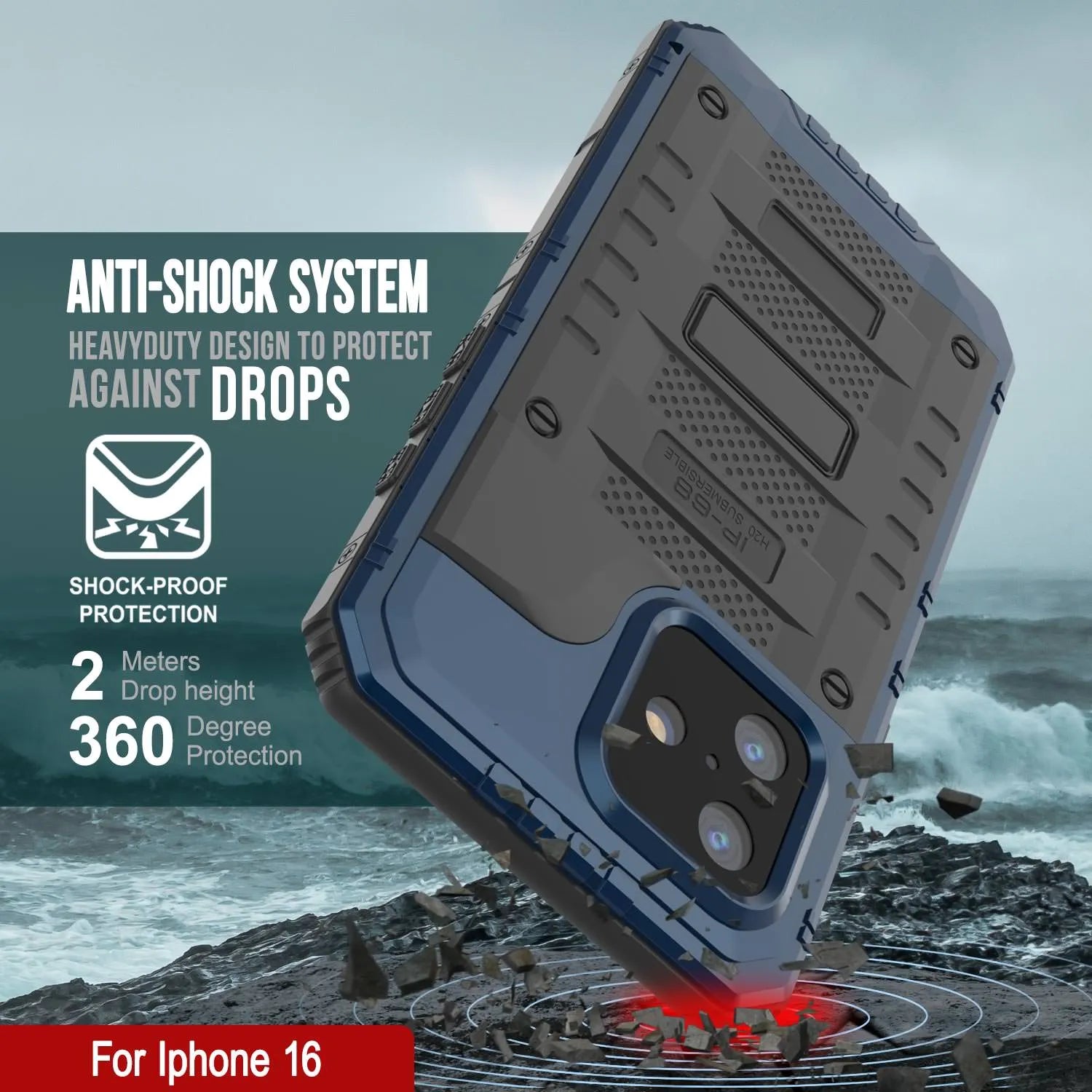 iPhone 16 Metal Extreme 3.0 Series Aluminum Waterproof Case IP68 W/Buillt in Screen Protector & Kickstand [Blue]