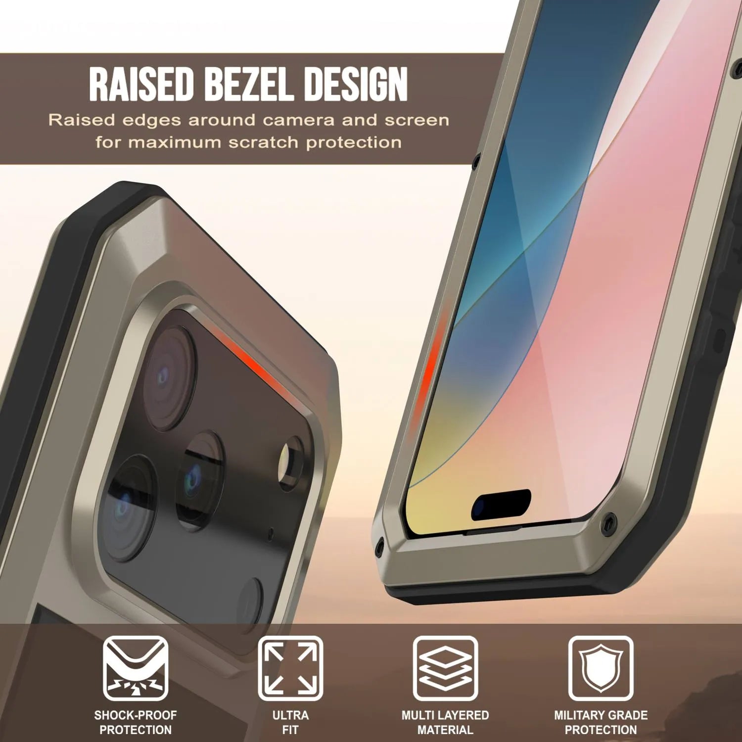 iPhone 17 Pro Metal Case, Heavy Duty Military Grade Armor Cover [shock proof] Full Body Hard [Gold]