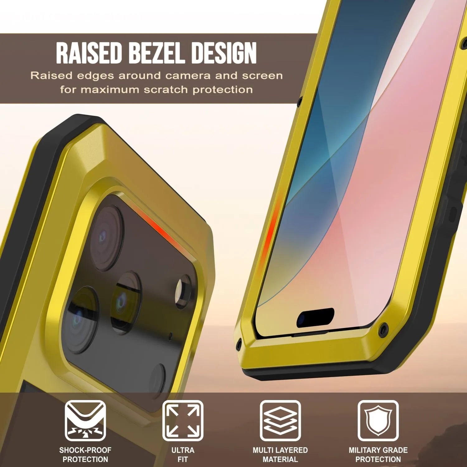 iPhone 17 Pro Metal Case, Heavy Duty Military Grade Armor Cover [shock proof] Full Body Hard [Yellow]