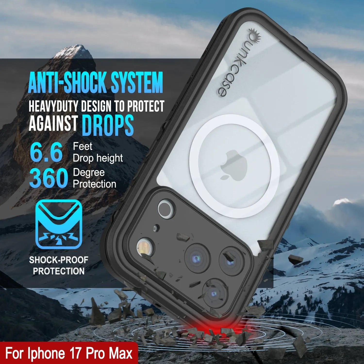 iPhone 17 Pro Max Waterproof IP68 Case, Punkcase [Black] [StudStar Series] [Slim Fit]