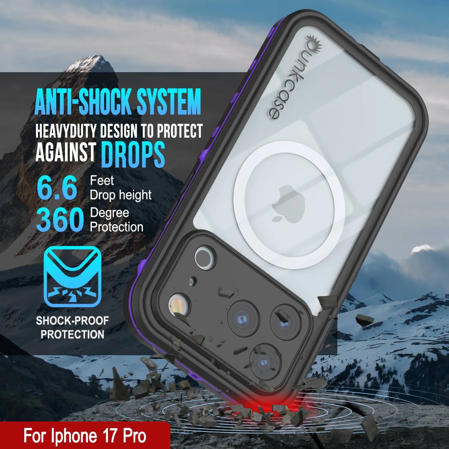 iPhone 17 Pro Waterproof IP68 Case, Punkcase [Purple] [StudStar Series] [Slim Fit] [Dirtproof]