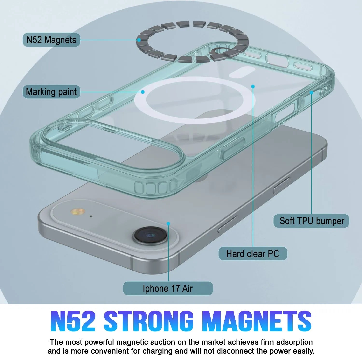 Punkcase iPhone 17 Air Magnetic Wireless Charging Case [ClearMag Series][Teal]