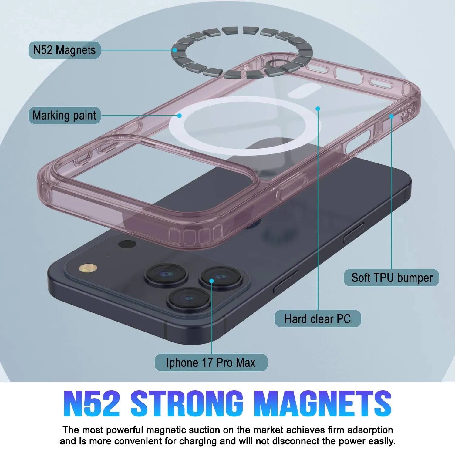 Punkcase iPhone 17 Pro Max Magnetic Wireless Charging Case [ClearMag Series][Rose]