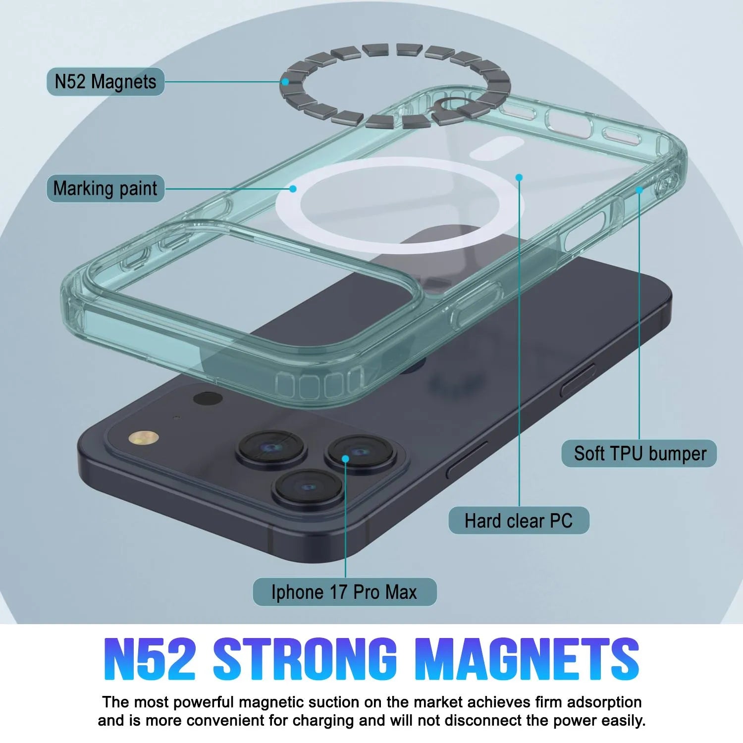 Punkcase iPhone 17 Pro Max Magnetic Wireless Charging Case [ClearMag Series][Teal]