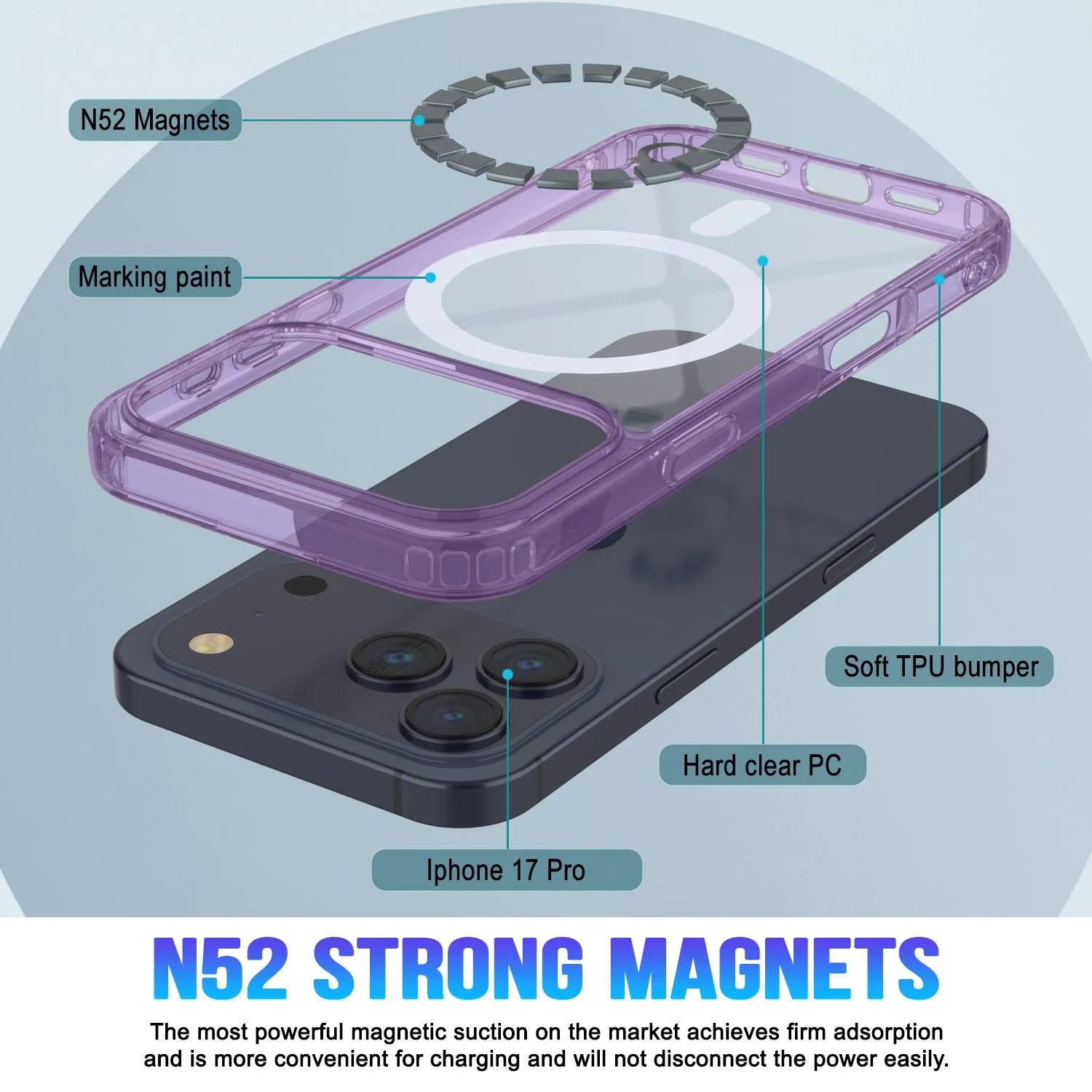 Punkcase iPhone 17 Pro Magnetic Wireless Charging Case [ClearMag Series][Purple]