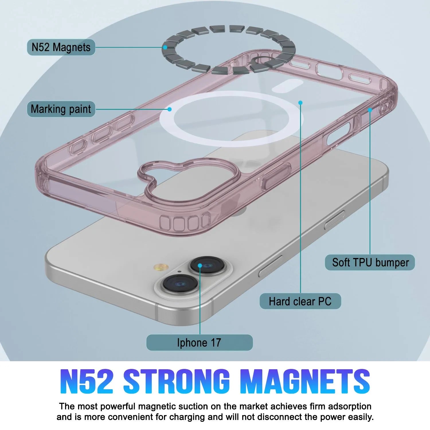 Punkcase iPhone 17 Magnetic Wireless Charging Case [ClearMag Series][Rose]