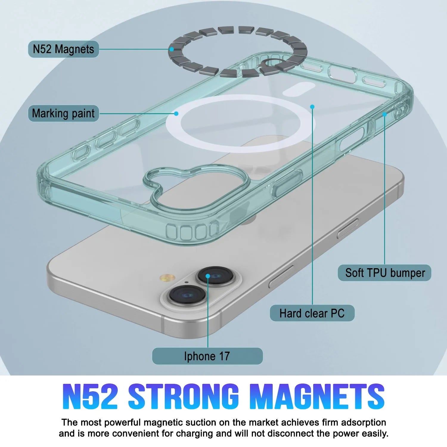 Punkcase iPhone 17 Magnetic Wireless Charging Case [ClearMag Series][Teal]