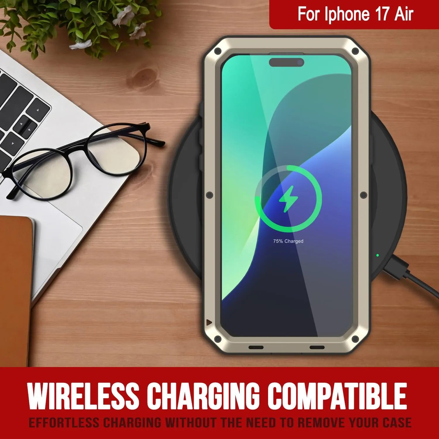 iPhone 17 Air Metal Case, Heavy Duty Military Grade Armor Cover [shock proof] Full Body Hard [Gold]