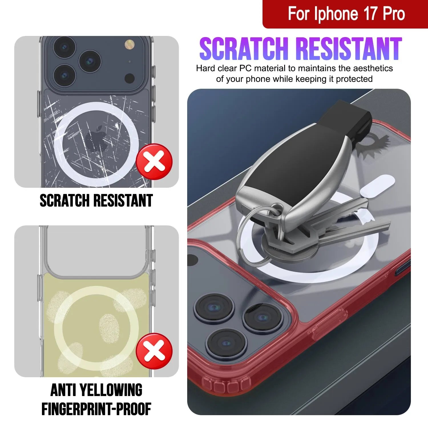 Punkcase iPhone 17 Pro Magnetic Wireless Charging Case [ClearMag Series][Red]