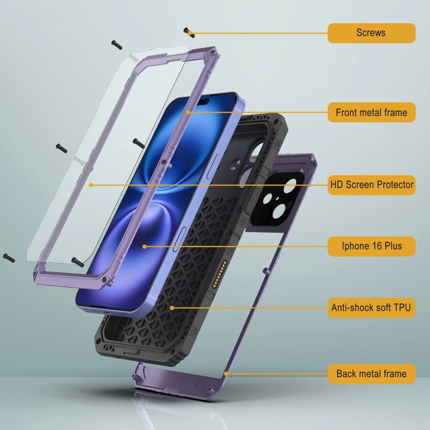 iPhone 16 Plus Metal Extreme 3.0 Series Aluminum Waterproof Case IP68 W/Buillt in Screen Protector & Kickstand [Purple]