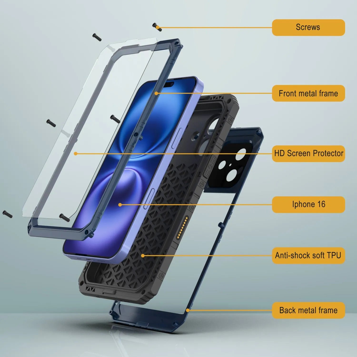 iPhone 16 Metal Extreme 3.0 Series Aluminum Waterproof Case IP68 W/Buillt in Screen Protector & Kickstand [Blue]