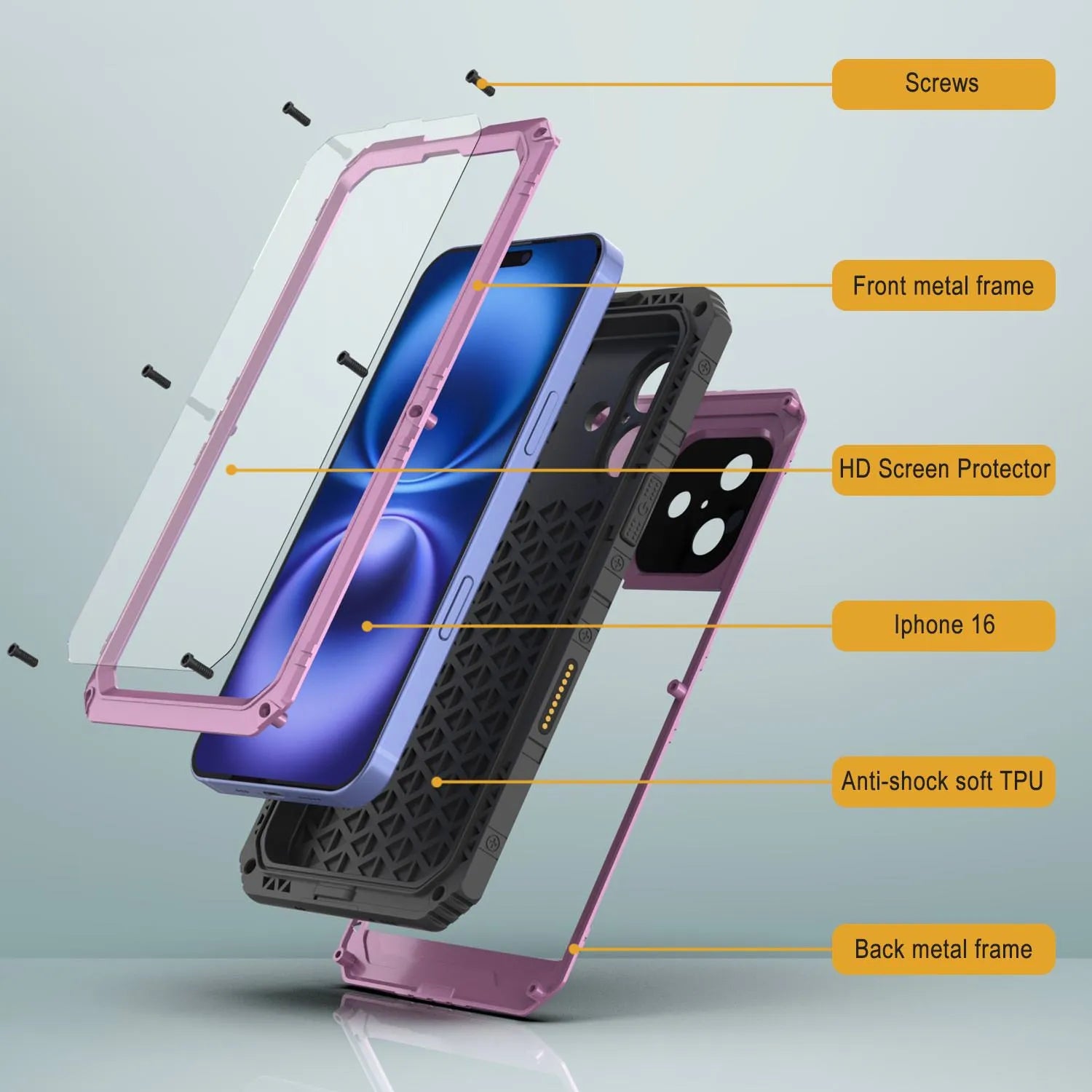 iPhone 16 Metal Extreme 3.0 Series Aluminum Waterproof Case IP68 W/Buillt in Screen Protector & Kickstand [Pink]