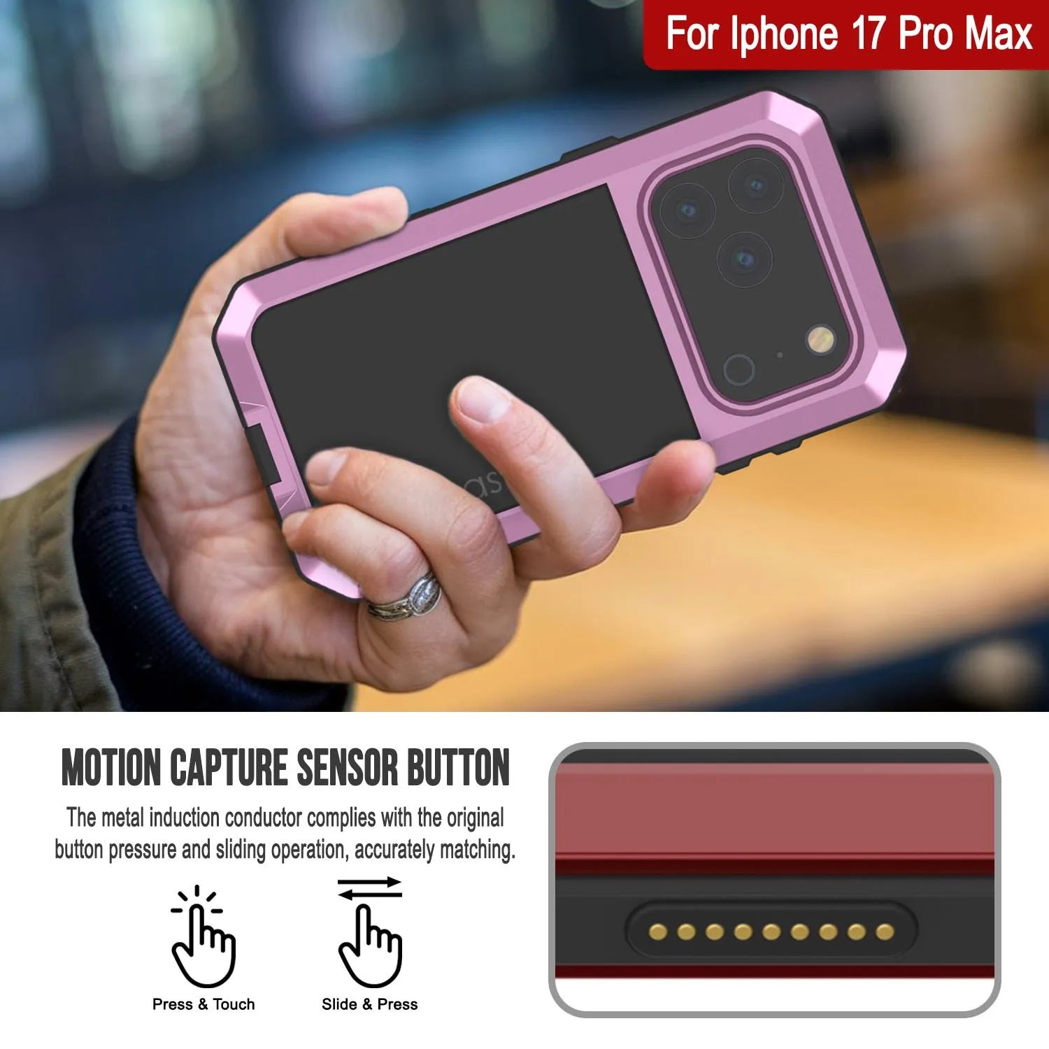 iPhone 17 Pro Max Metal Case, Heavy Duty Military Grade Armor Cover [shock proof] Full Body Hard [Pink]