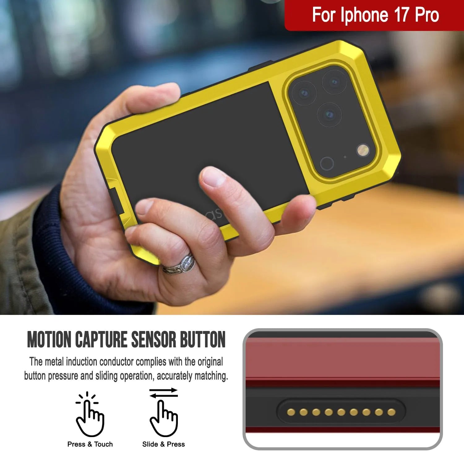 iPhone 17 Pro Metal Case, Heavy Duty Military Grade Armor Cover [shock proof] Full Body Hard [Yellow]