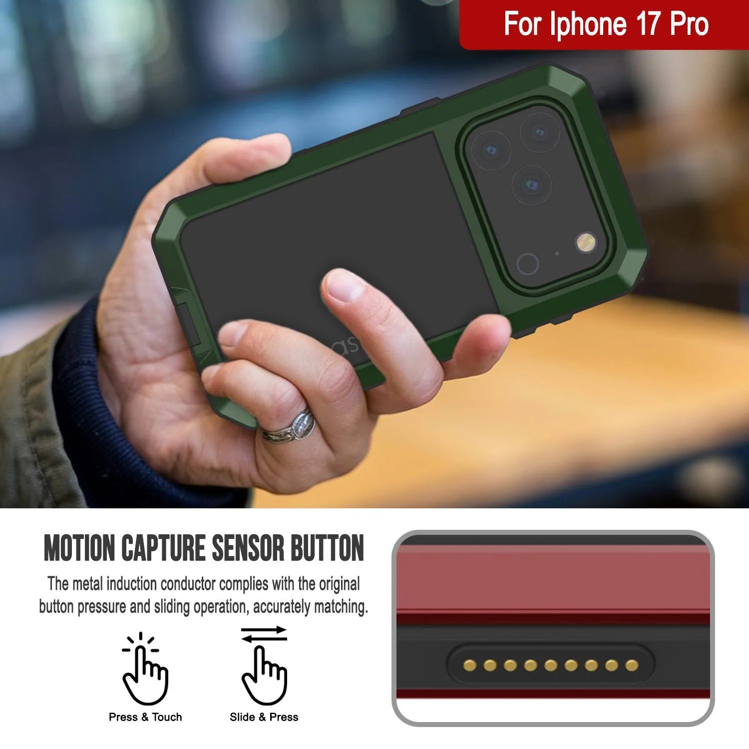 iPhone 17 Pro Metal Case, Heavy Duty Military Grade Armor Cover [shock proof] Full Body Hard [Dark Green]
