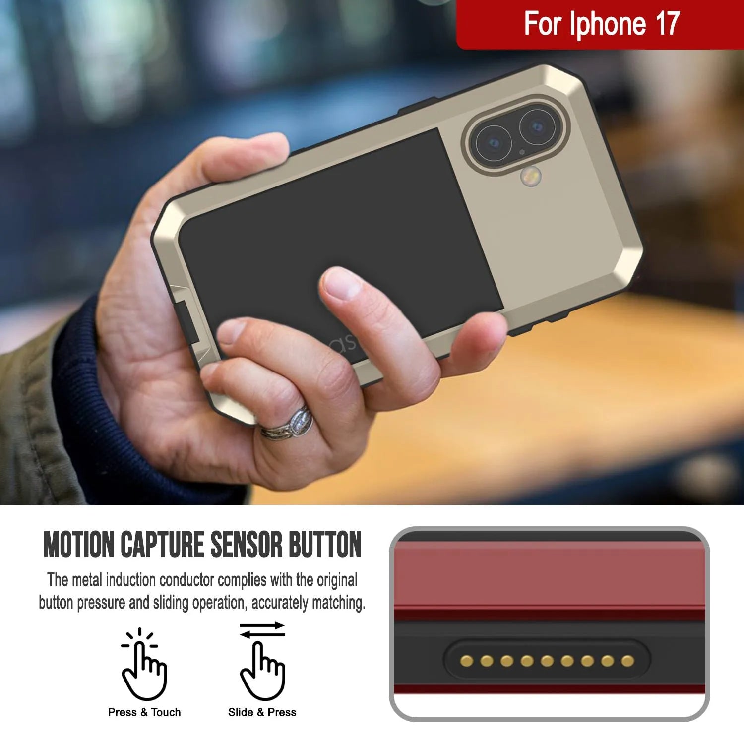 iPhone 17 Metal Case, Heavy Duty Military Grade Armor Cover [shock proof] Full Body Hard [Gold]