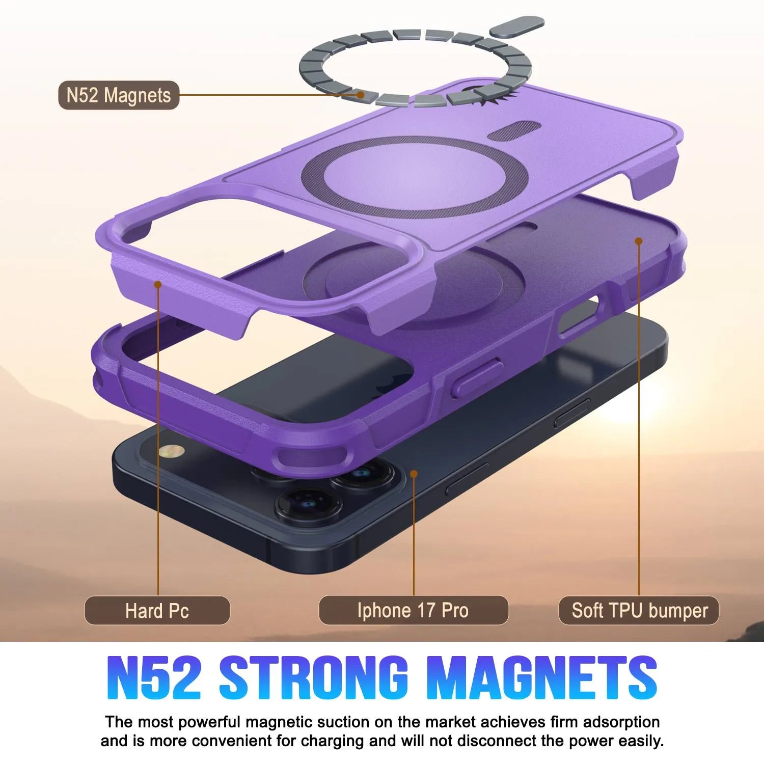 PunkCase iPhone 17 Pro Case, [Spartan 2.0 Series] Clear Rugged Heavy Duty Cover W/Built in Screen Protector [purple]