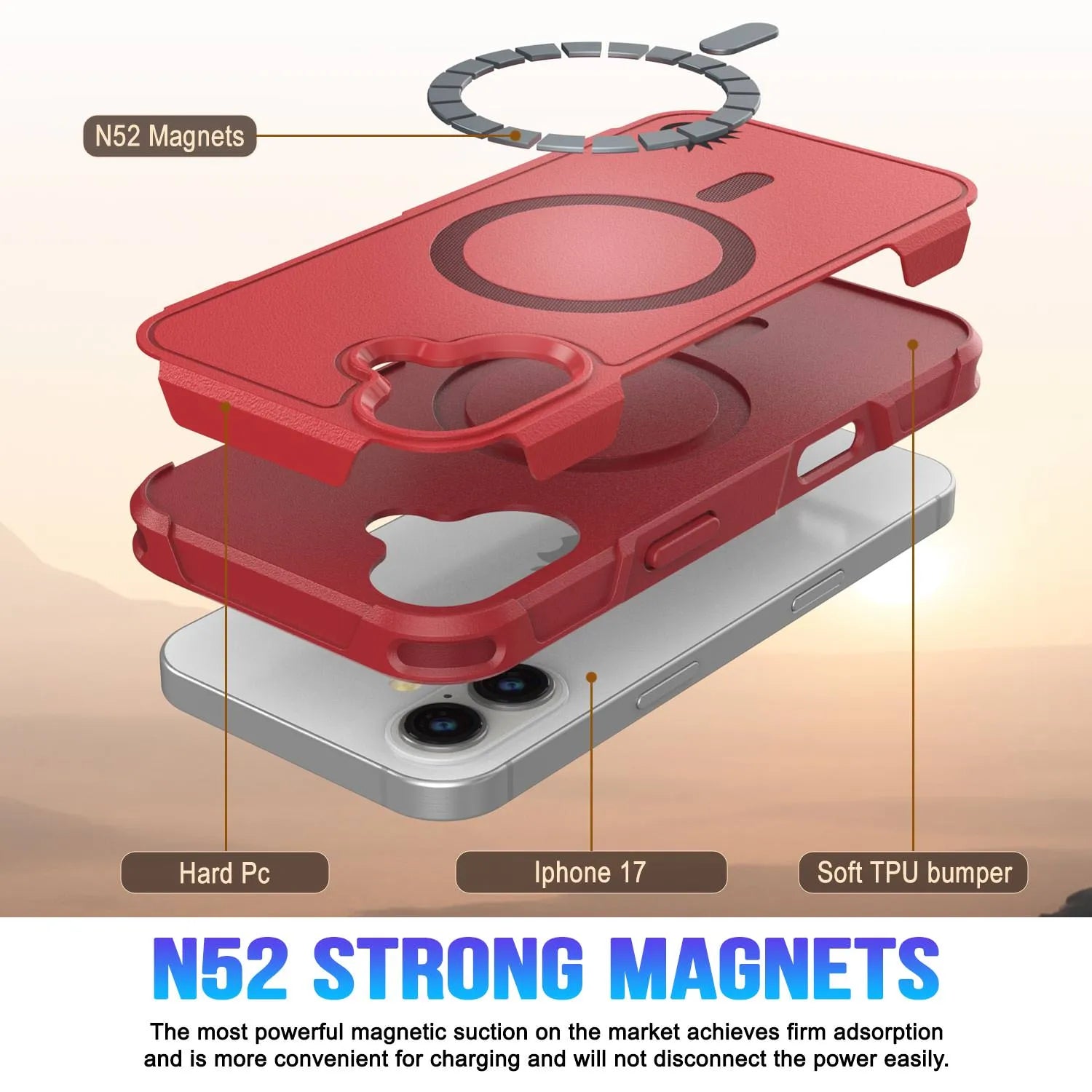 PunkCase iPhone 17 Case, [Spartan 2.0 Series] Clear Rugged Heavy Duty Cover W/Built in Screen Protector [red]