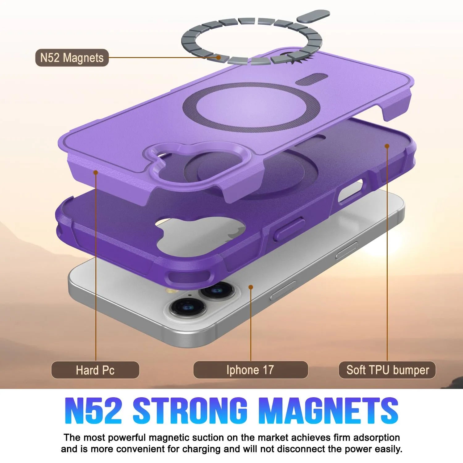 PunkCase iPhone 17 Case, [Spartan 2.0 Series] Clear Rugged Heavy Duty Cover W/Built in Screen Protector [purple]