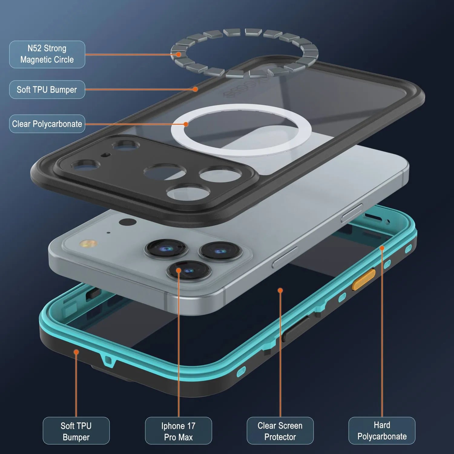 iPhone 17 Pro Max Waterproof IP68 Case, Punkcase [Teal] [StudStar Series] [Slim Fit]